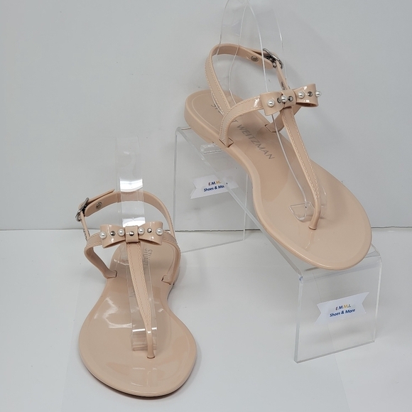 Stuart Weitzman Imitation Pearl Bow Jelly Beige Sandal Women's Size 8B New - Picture 1 of 10